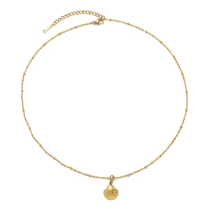 Detailed view of a gold stainless steel ball chain necklace featuring a small shell pendant