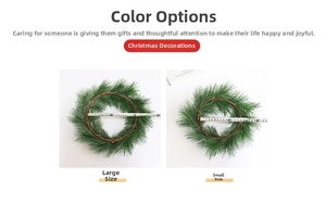 Macro view of green PVC pine needle Christmas wreaths in two sizes with measuring ruler