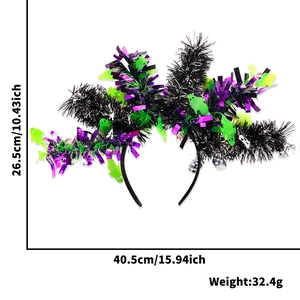 Detailed dimensions of the Halloween headband with purple and green tinsel ghosts