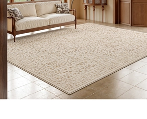 Detailed texture of a beige French vintage woven carpet with floral patterns in a living room