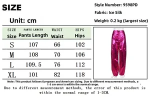 Detailed size chart for metallic cargo pants showing length, waist and hip measurements