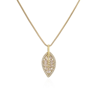 Macro detail of leaf pendant with micro-inlaid zircons on 18K gold plated chain
