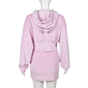 Rear view of pink velvet cropped hoodie and mini skirt set on a mannequin