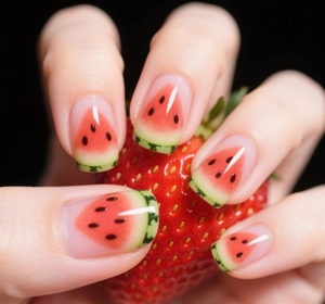 Details von rosa Wassermelonen-Kunstnägeln mit Fruchtmotiven und grünen Spitzen