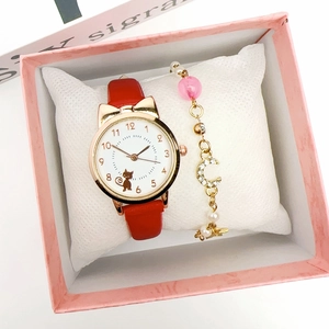 Cute red quartz watch set with cat ears case and moon bracelet in a pink gift box