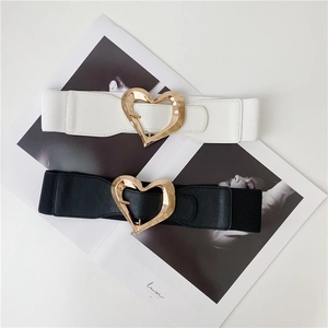 Elastic wide belt with heart buckle in black and white colors for women's dresses