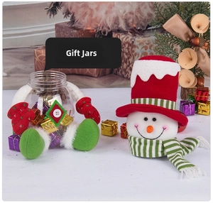 Detail of Christmas snowman plush candy jar with transparent base and gift box props