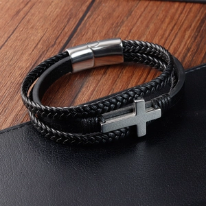 Men's multilayer black braided leather bracelet with silver cross and magnetic clasp