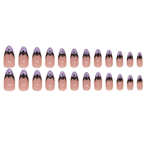 Almond Halloween press-on nails with black bat designs and purple trim on nude base