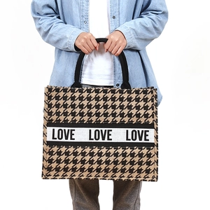 Jute tote bag with black and khaki checkered pattern and LOVE print text design