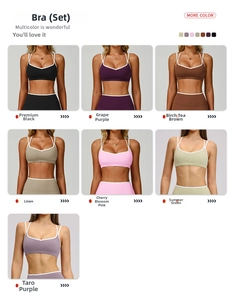Dettaglio dei completi reggiseno sportivo con bordi a contrasto in sette colori alla moda
