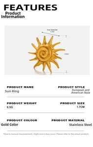 Detailed size specifications of the golden sun ring with dimensions and material info