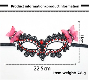 Detailed dimensions of a black lace Halloween butterfly mask with pink rhinestones