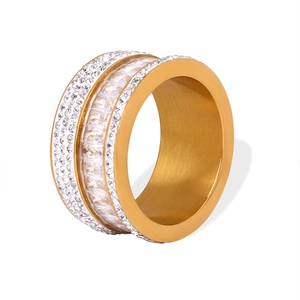 Luxurious gold wide band ring with triple-row zircon stones and brushed metal interior