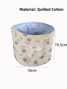 Quilted cotton storage basket with lace trim and blue cat print details, 16x15.5cm
