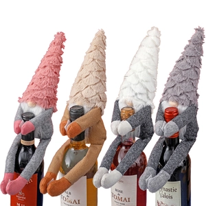Set of 4 Christmas gnome wine bottle covers in pink, brown, white and grey plush