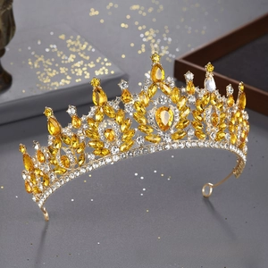Tiara de mariee baroque avec strass jaunes et clairs brillants pour accessoires cheveux mariage