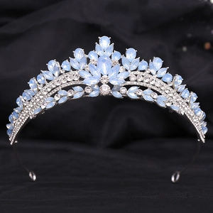 Detail of silver bridal crown with marquise blue opals and sparkling round rhinestones