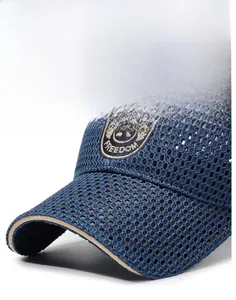 Close-up of breathable navy blue mesh baseball cap with R FREEDOM embroidery detail