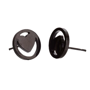 Retro black stainless steel heart stud earrings with geometric cutout design for women