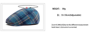 Size chart for plaid beret cap showing adjustable head circumference 55-59cm and 58g weight