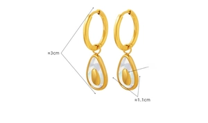 Detail view of gold avocado shell earrings with precise measurements 3cm by 1.1cm