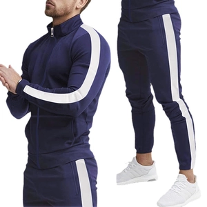 Men's navy tracksuit set with stand collar jacket and striped slim fit sports pants