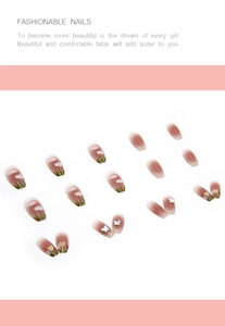 Detail of gradient red ballerina press-on nails with 3D blue butterfly and hand-painted clouds