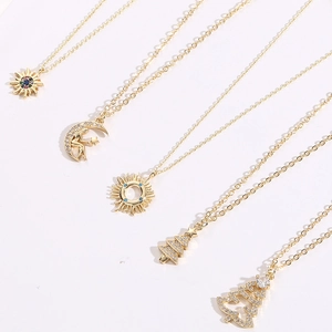 Sun Moon Christmas Tree Pendant Necklace 14K Gold Plated Copper Zircon Dainty Clavicle Chain For Women Jewelry Gift