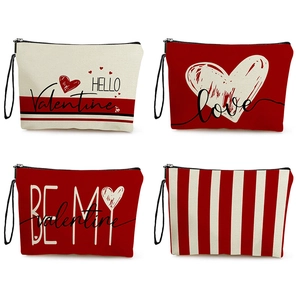 Valentine's Day Heart Letter Print Cosmetic Bag Fine Linen Zipper Toiletry Storage Pouch With Wrist Strap