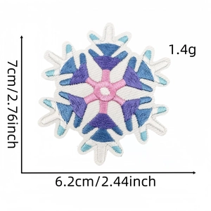 Detail view of colorful snowflake embroidery patch with size dimensions 7cm x 6.2cm