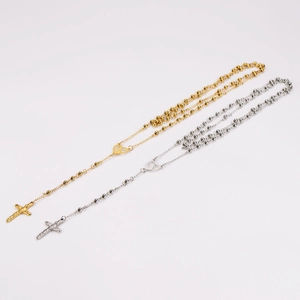 Retro 18k gold plated stainless steel heart rosary necklace with cross pendant