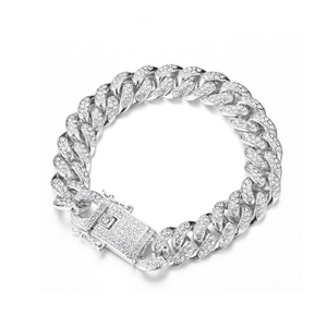 Luxurious silver Cuban link bracelet with iced-out crystals and square clasp for men