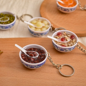 Miniature realistic food keychains with Chinese blue and white porcelain bowl designs