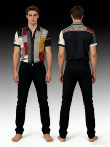 Detailed front and back view of men's loose washed denim pants on models in studio