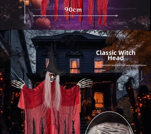 Detail view of 90cm Halloween witch hanging ghost with glowing red eyes and red robes