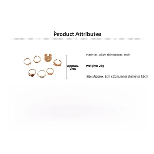 Detailed size and material specs for the 7-piece resin and rhinestone ring set