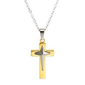 18K gold and silver bicolor cross necklace with starburst detail on stainless steel chain