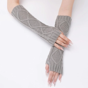 Detailed knit texture and diamond pattern on grey fingerless gloves with thumb hole