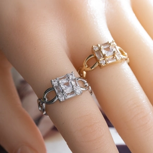 Retro copper rings with square zircon inlay in gold and silver finish on hand