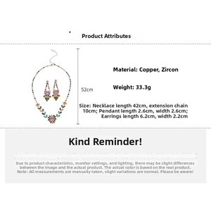Detailed size chart for multi-color zircon leaf heart necklace and earrings set