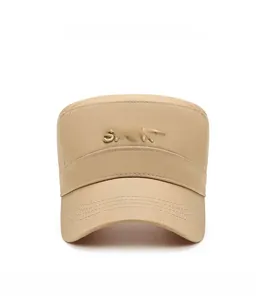 Detail of khaki cotton flat top cap with SPORT letter embroidery and multi-stitched brim