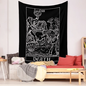 Detail of Gothic Death tarot tapestry hanging on a bedroom wall above a cozy bed