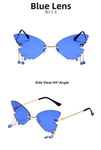 Detail of blue rimless butterfly sunglasses with gold metal frames and hanging bead chain