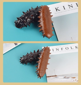 Detailed view of hyper-realistic black and brown sea cucumber models with spiky textures