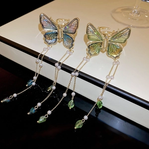 Butterfly Hair Claw Clip With Long Tassel Alloy Imitation Artificial Pearl Crystal Elegant Fairy Aesthetic Gradient Wings For Women