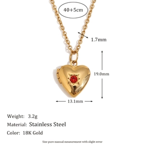 18K gold plated heart locket necklace with red birthstone and stainless steel chain