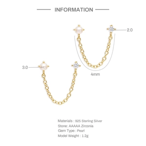 Detailed size parameters of S925 sterling silver tassel earrings with pearls and zirconia