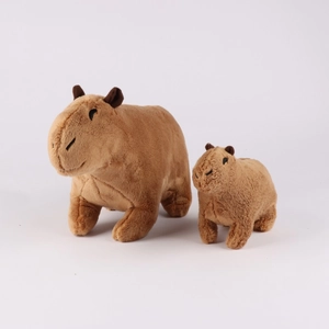 Detailed view of two plush capybara toys in brown, featuring large and small size pair
