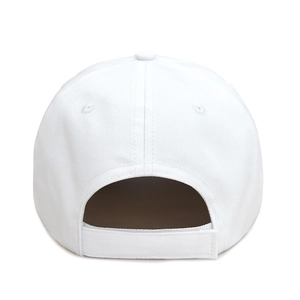 Vista posteriore del cappellino bianco con chiusura a velcro regolabile e trama in cotone